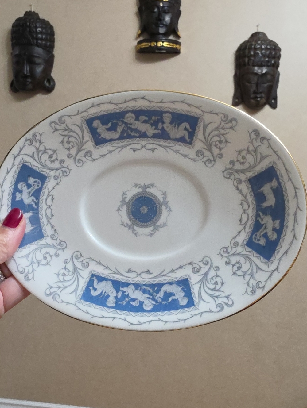 Vtg Revelry Blue Porcelain Oval Serving Platter in Blue and Gold Accent ENGLAND